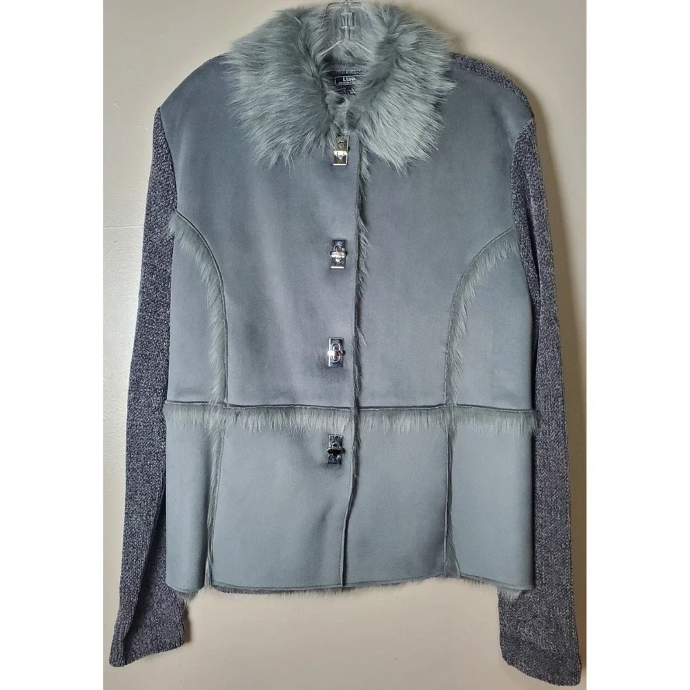 Vintage Lisa Gray‎ Sweater Jacket Faux Fur Collar Silver Turn Lock Buttons Large